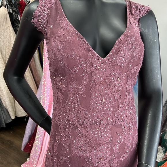 Montage by Mon Cheri size 16 lace and beaded long v neck dress mauve - Picture 6 of 6